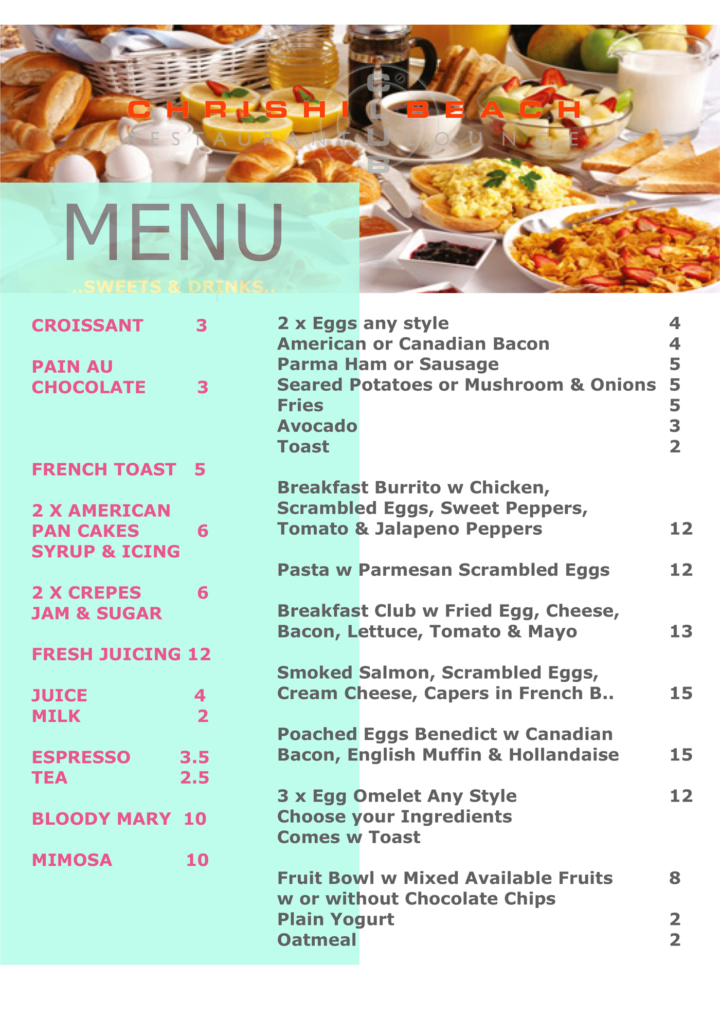 Menus | Chrishi Beach